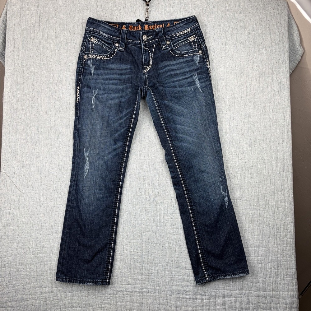 Rock Revival Stephanie Easy Capri Women's Distressed Thick Stitch Denim Size 27